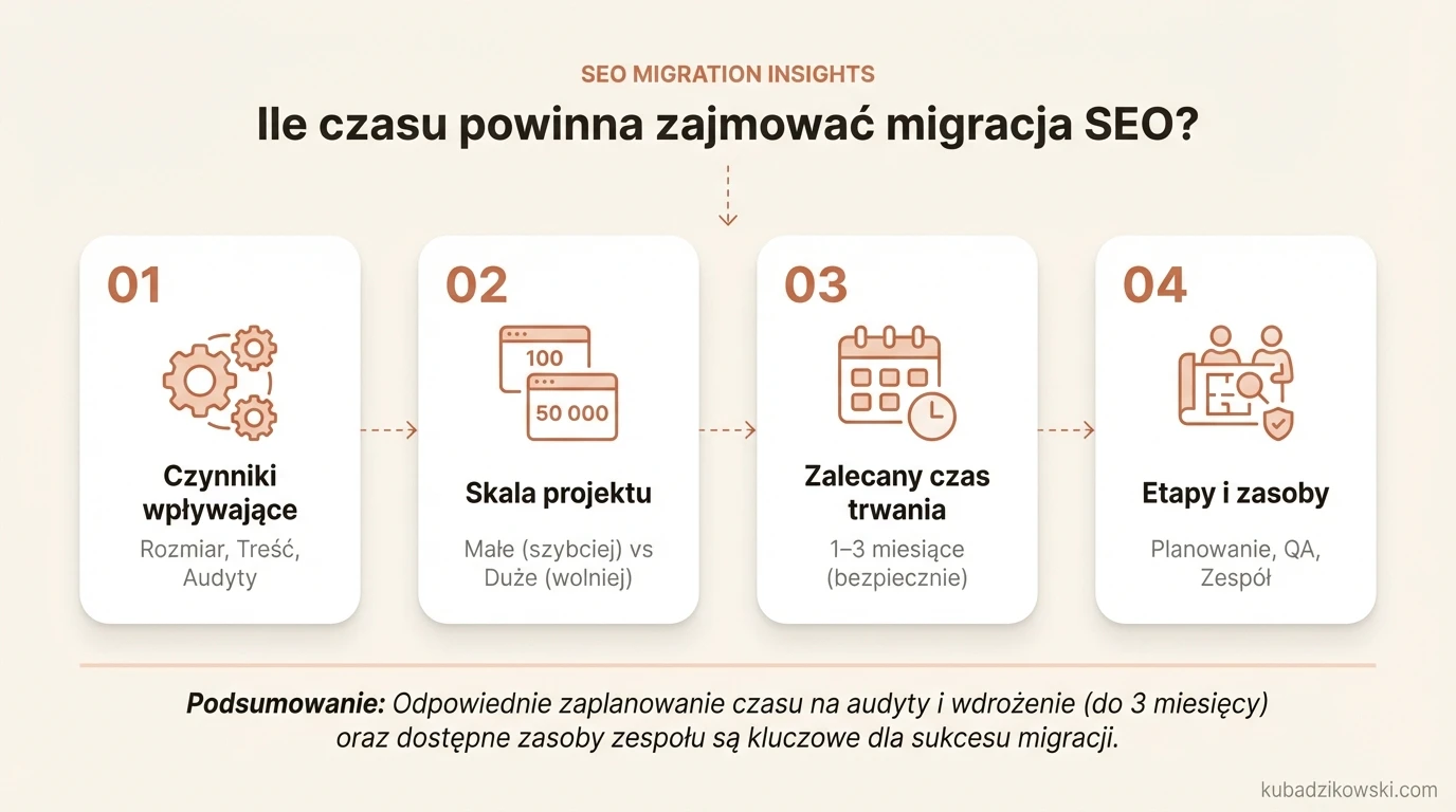 Grafika przedstawia czynniki wpływające na czas migracji SEO: rozmiar strony, ilość treści i wstępne/końcowe audyty.