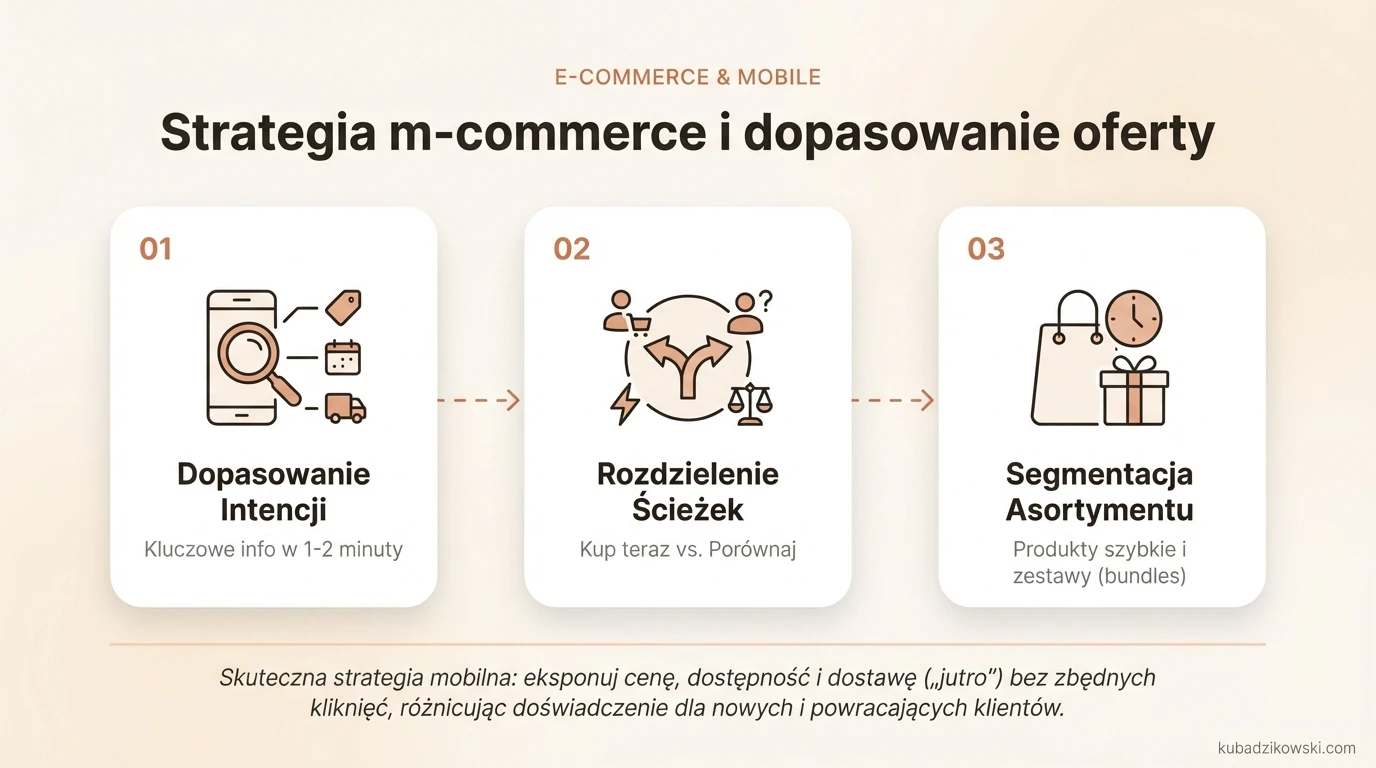 Infografika o strategii m-commerce i dopasowaniu oferty do potrzeb mobilnych: cena, dostępność, szybka dostawa.