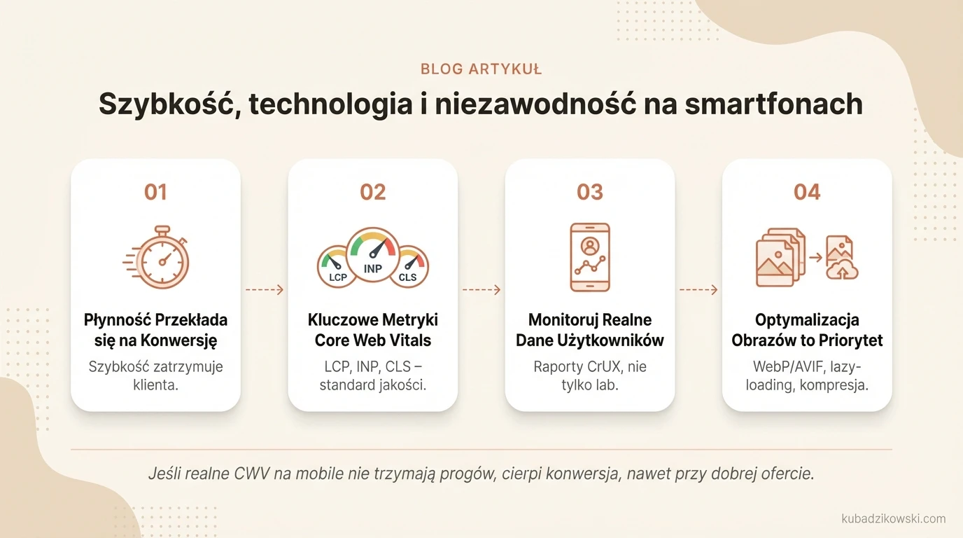 Infografika: Szybkość i niezawodność stron mobilnych a konwersja. Przedstawia metryki Core Web Vitals (LCP, INP, CLS).