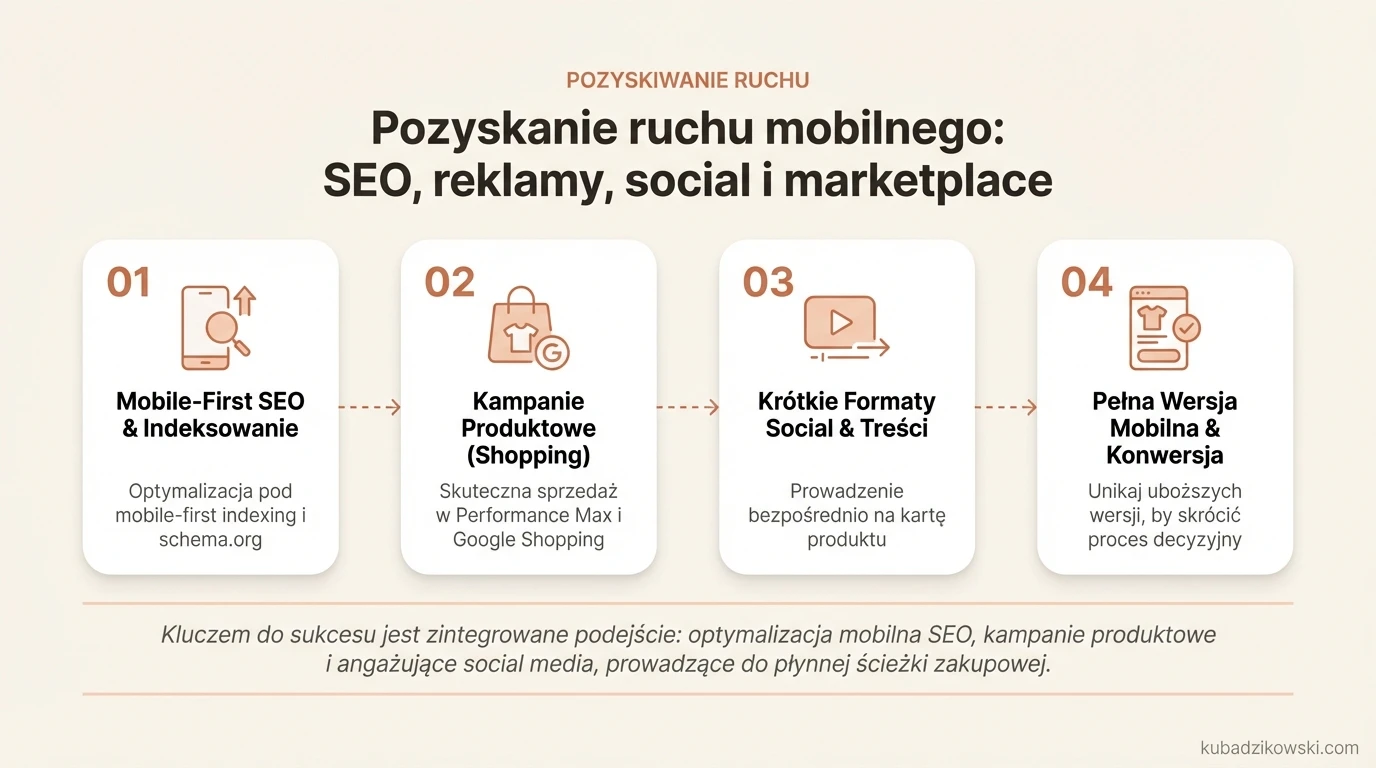 Infografika: Skuteczne strategie pozyskiwania ruchu mobilnego. Łączenie mobile-first SEO, reklam, social media i marketplace.
