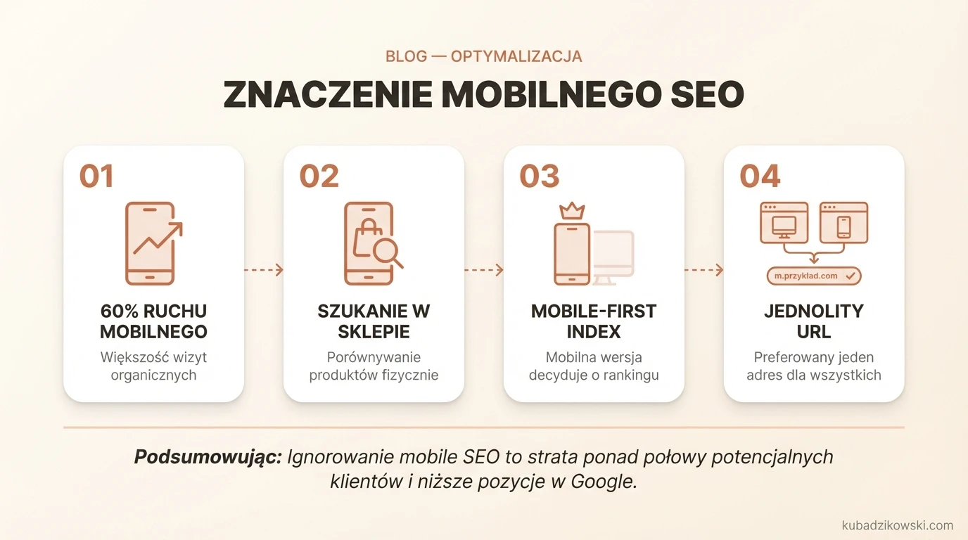 Infografika: Statystyki Google o rosnącej roli SEO mobilnego i zakupów przez smartfony.