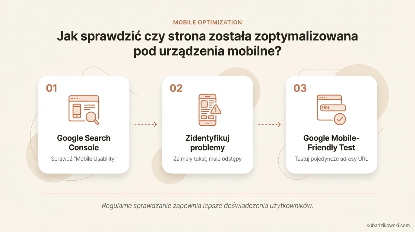 Infografika: Sprawdź użyteczność mobilną strony. Pokazuje panel GSC "Mobile Usability" i ostrzeżenia o problemach.