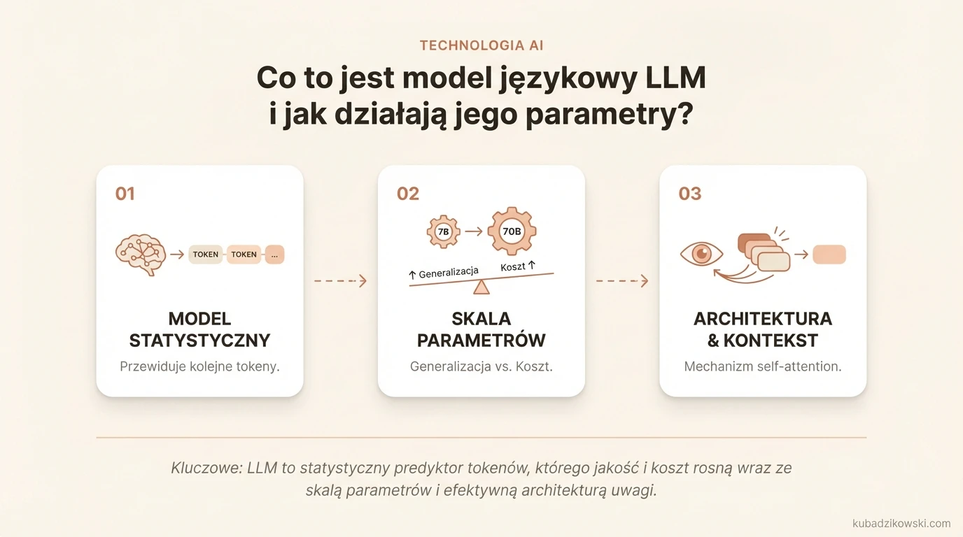 Infografika wyjaśnia, czym jest LLM: model statystyczny przewidujący tekst, uczący się wzorców. Pokazuje rolę parametrów.