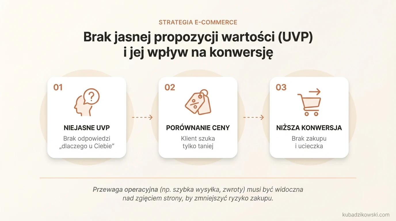 Infografika: Brak jasnej propozycji wartości (UVP) obniża konwersję, bo klienci widzą tylko cenę.