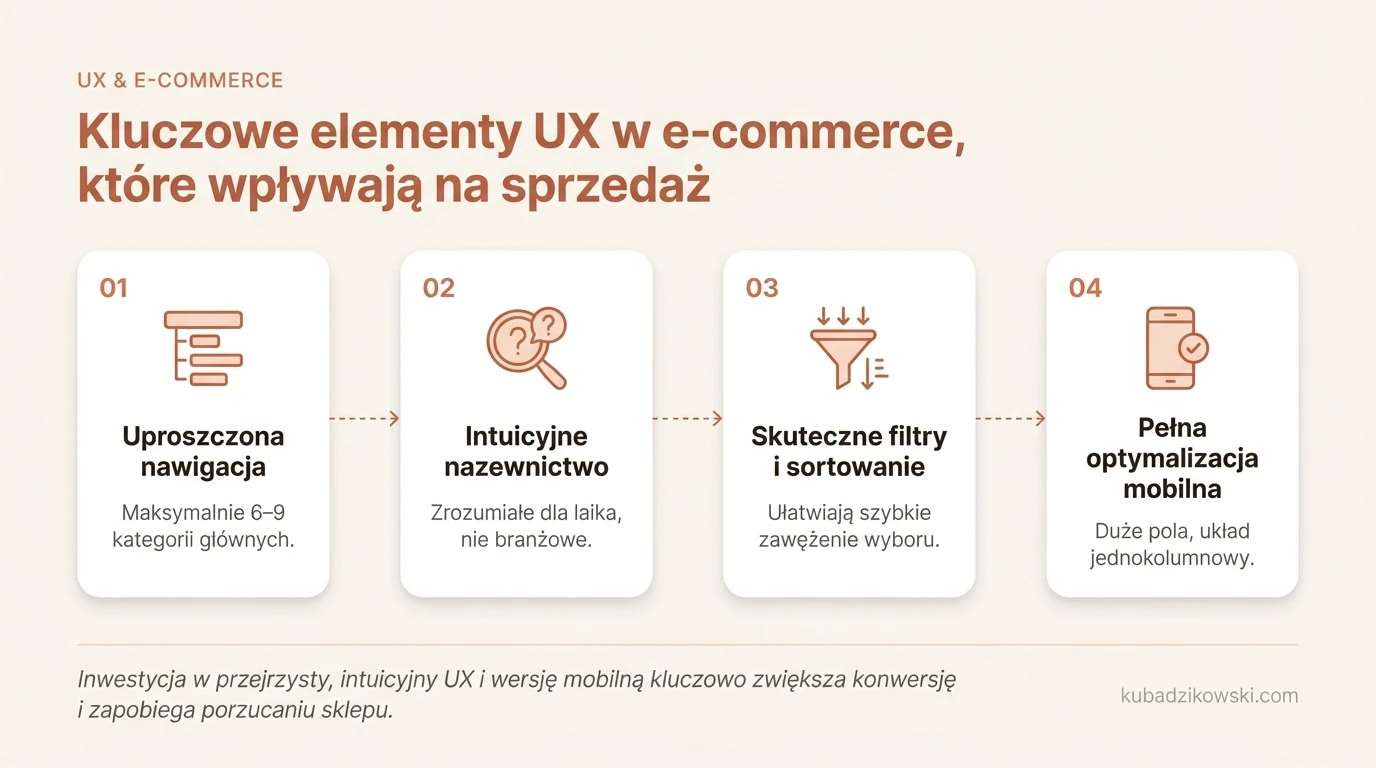 Infografika: Wpływ UX e-commerce na sprzedaż. Złożone menu i niezrozumiały żargon odstraszają klientów.