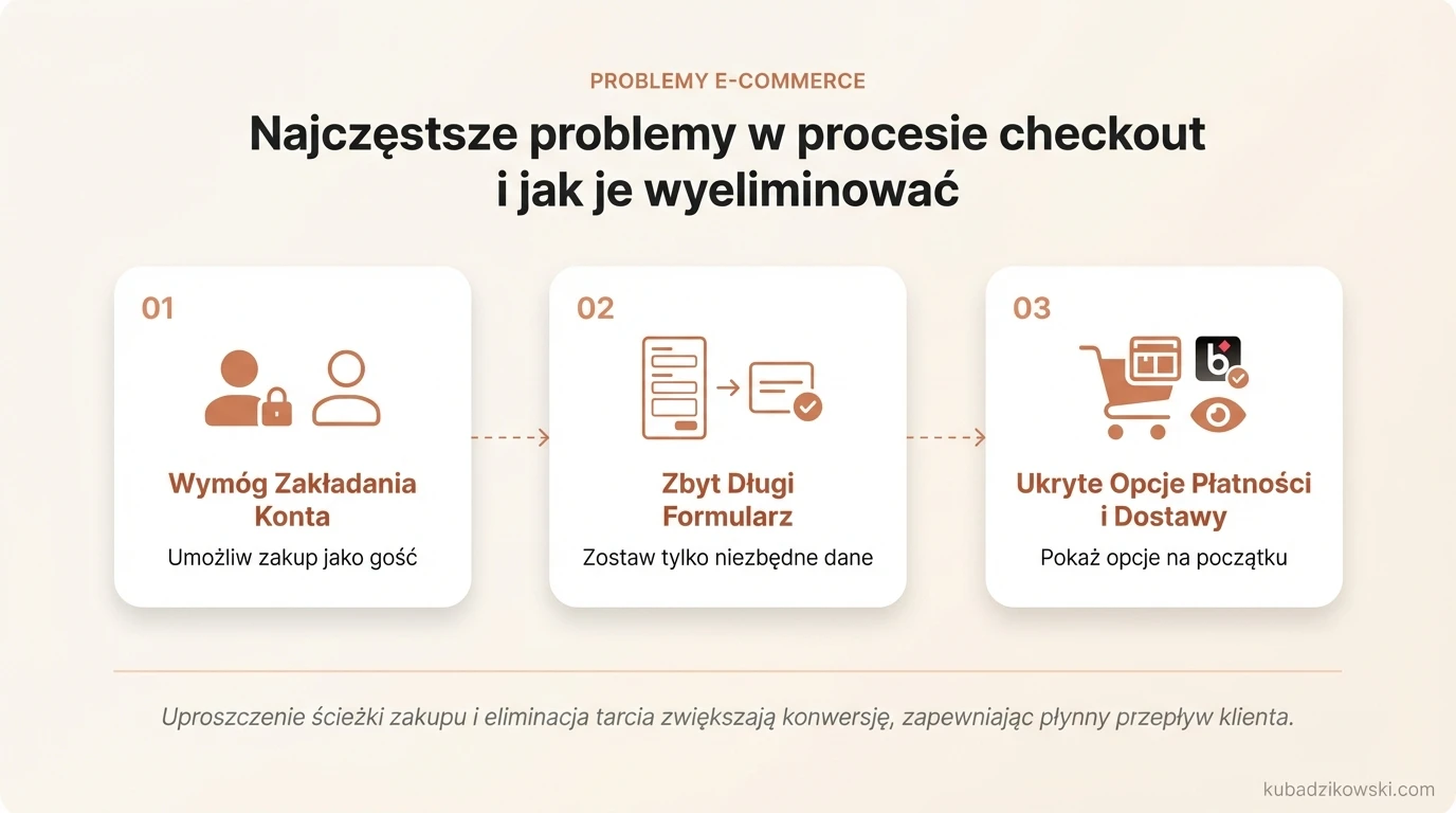 Wizualizacja typowych problemów z checkout, np. wymóg konta, i sposobów na zwiększenie konwersji, np. zakup jako gość.