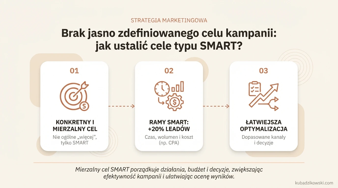 Infografika o definiowaniu celów kampanii. Pokazuje znaczenie konkretnych, mierzalnych celów SMART, z przykładem +20% leadów.
