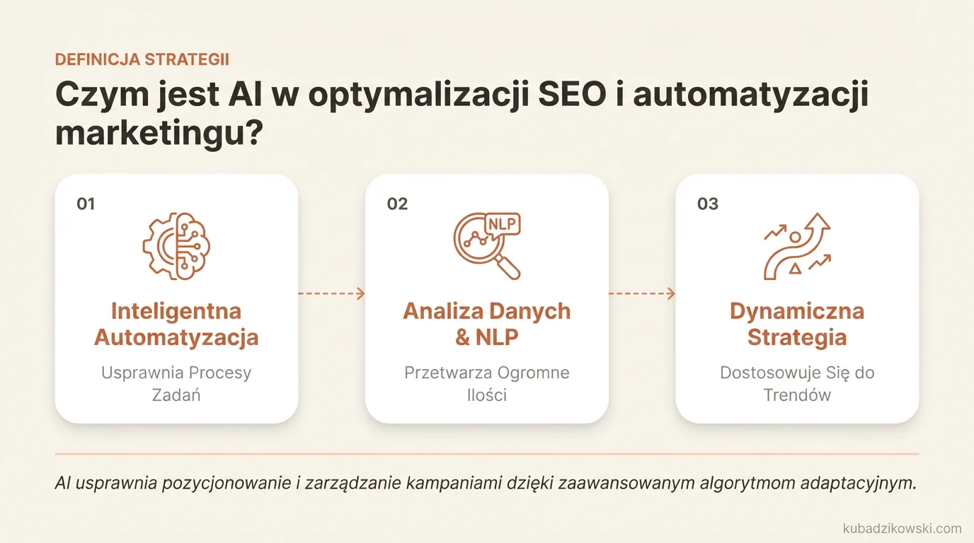 Infografika: Rola AI w optymalizacji SEO i automatyzacji marketingu, przedstawiająca algorytmy usprawniające kampanie.