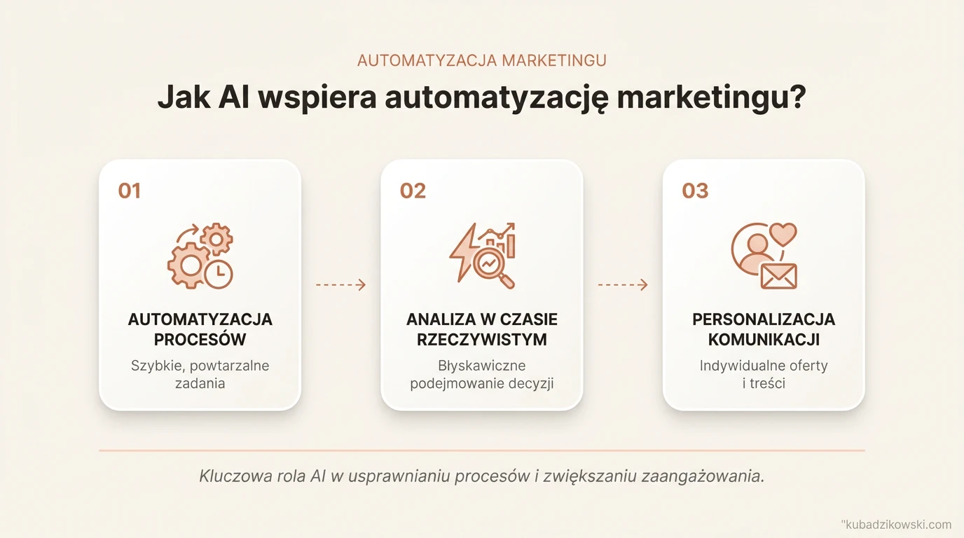 Infografika: Jak AI, usprawniając procesy, automatyzuje marketing i uwalnia zasoby, np. w analizie danych i kampaniach.