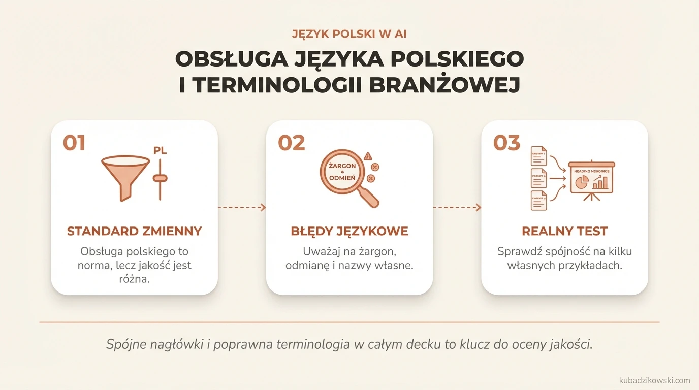 Infografika: Obsługa j. polskiego w AI: standard, ale z wyzwaniami w odmianie, skrótach, nazwach własnych i terminologii branżowej.