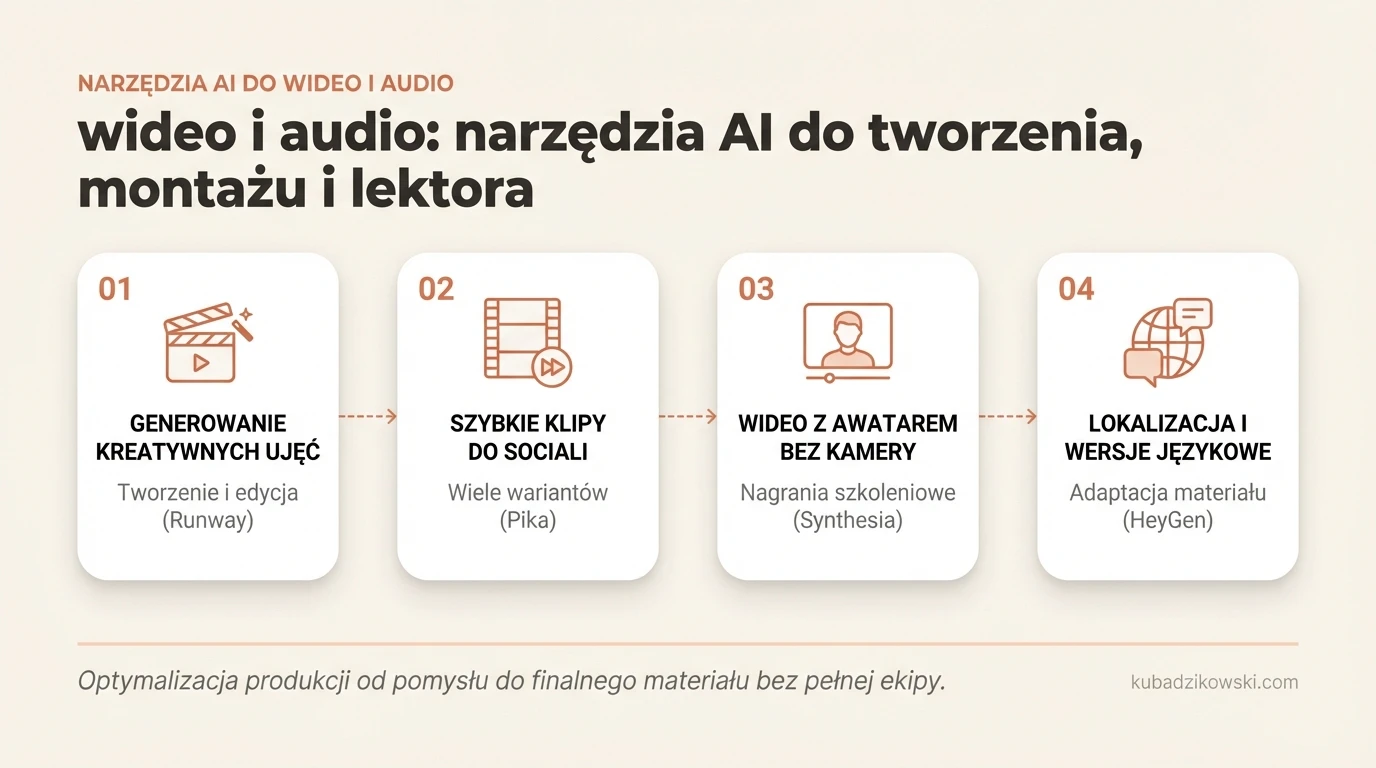 Infografika: Narzędzia AI do wideo i audio – generowanie, montaż, transkrypcja, lektor.