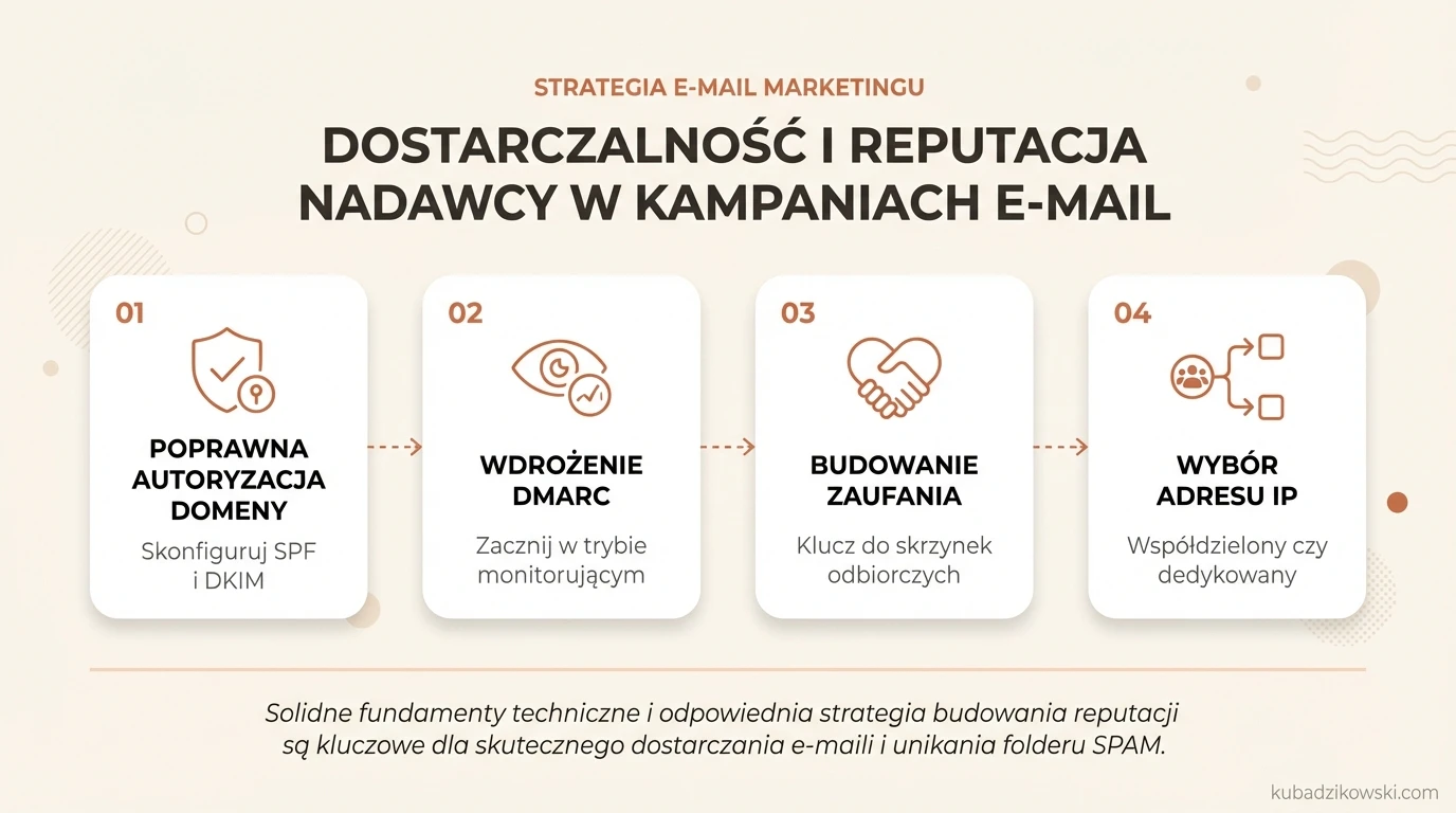Infografika: dostarczalność e-maili, reputacja nadawcy. Klucz do skrzynki odbiorczej: SPF, DKIM, DMARC.