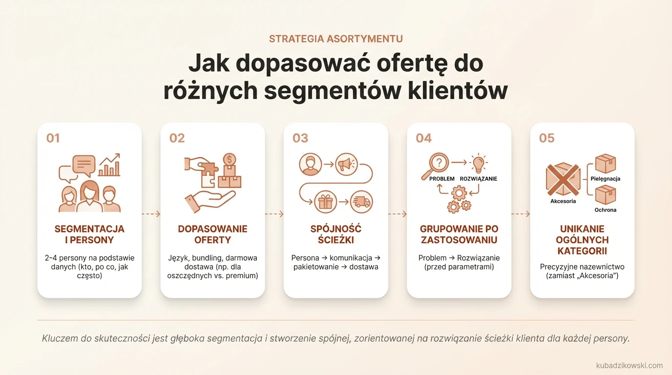 Infografika: Strategia asortymentu. Proces tworzenia person (GA4, ankiety) i dostosowywania oferty do segmentów klientów.