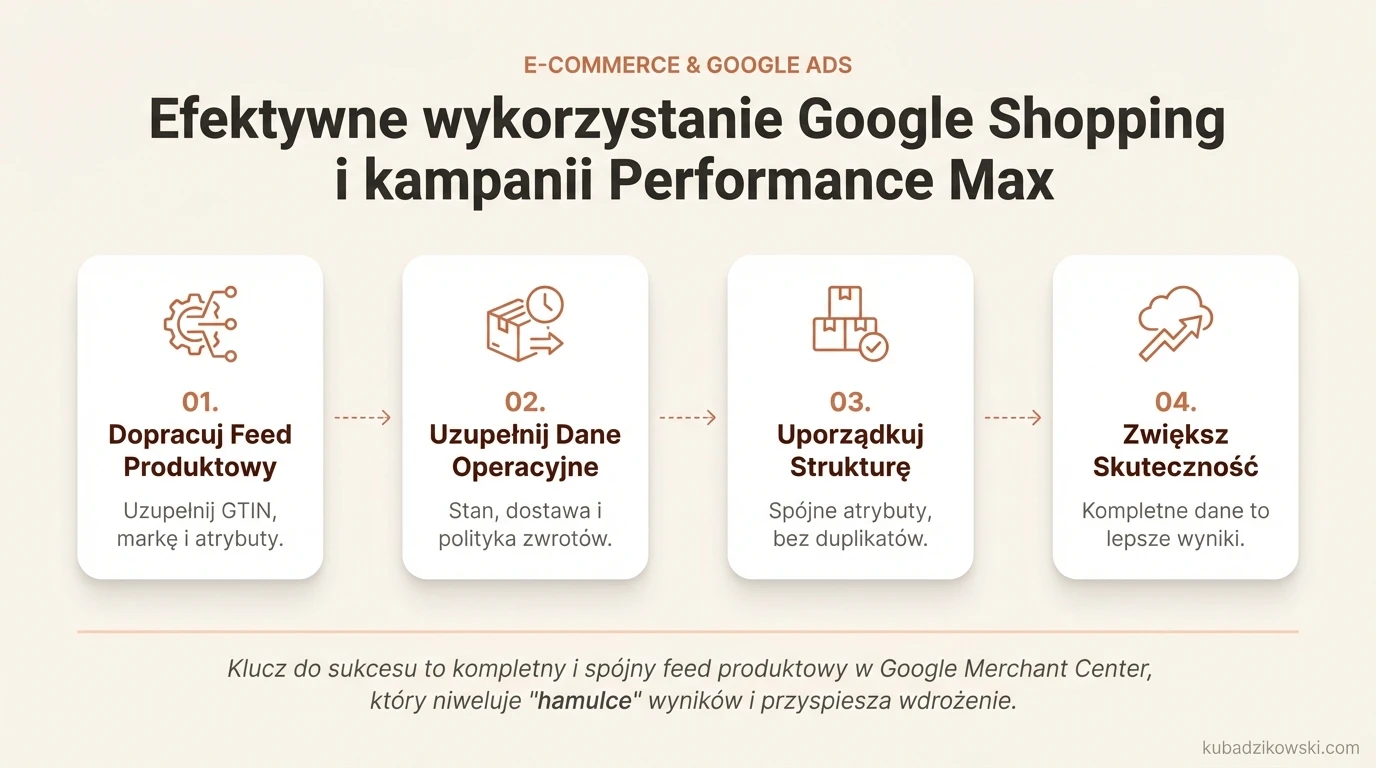 Skuteczne kampanie Google Shopping i Performance Max: klucz to dopracowany feed produktowy (GTIN, marka, kolor, rozmiar).