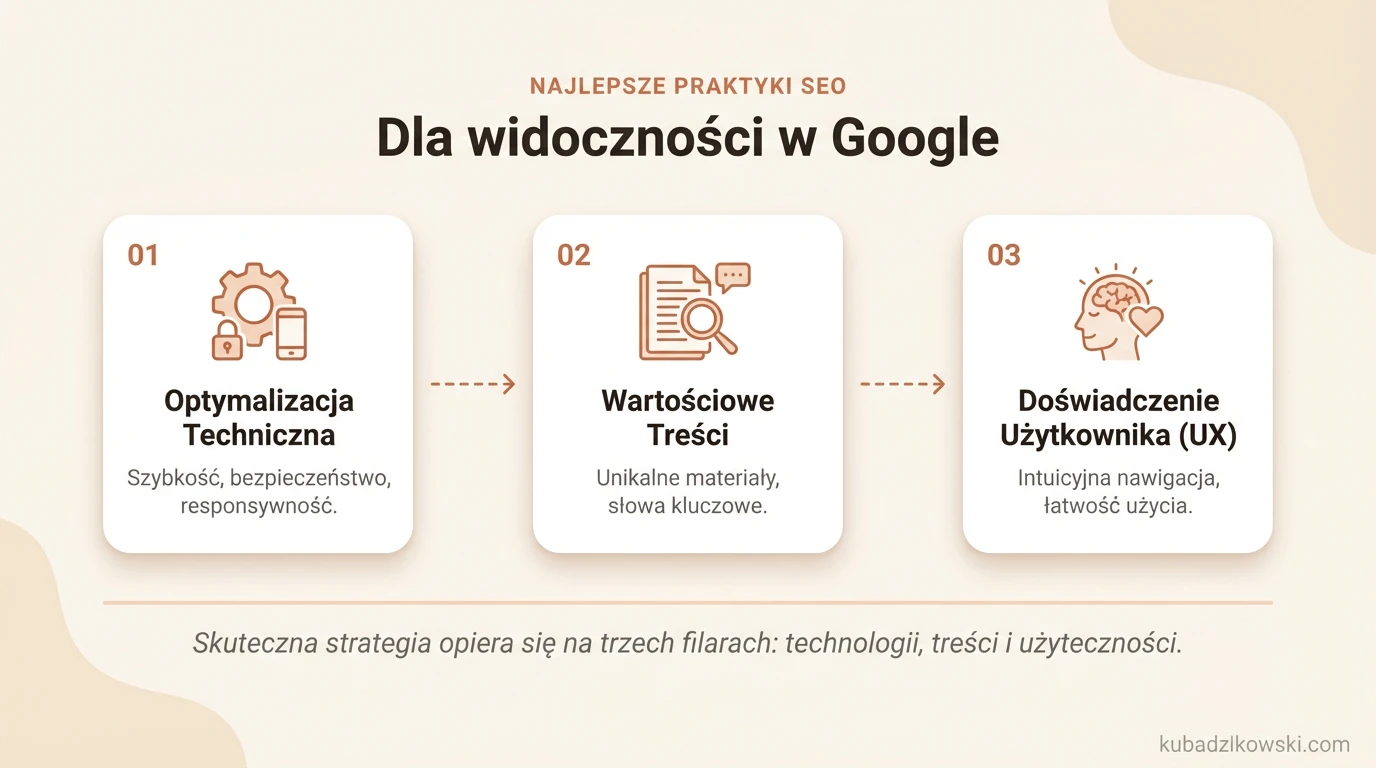 Infografika: 3 filary skutecznego SEO: optymalizacja techniczna, wartościowa treść, User Experience.
