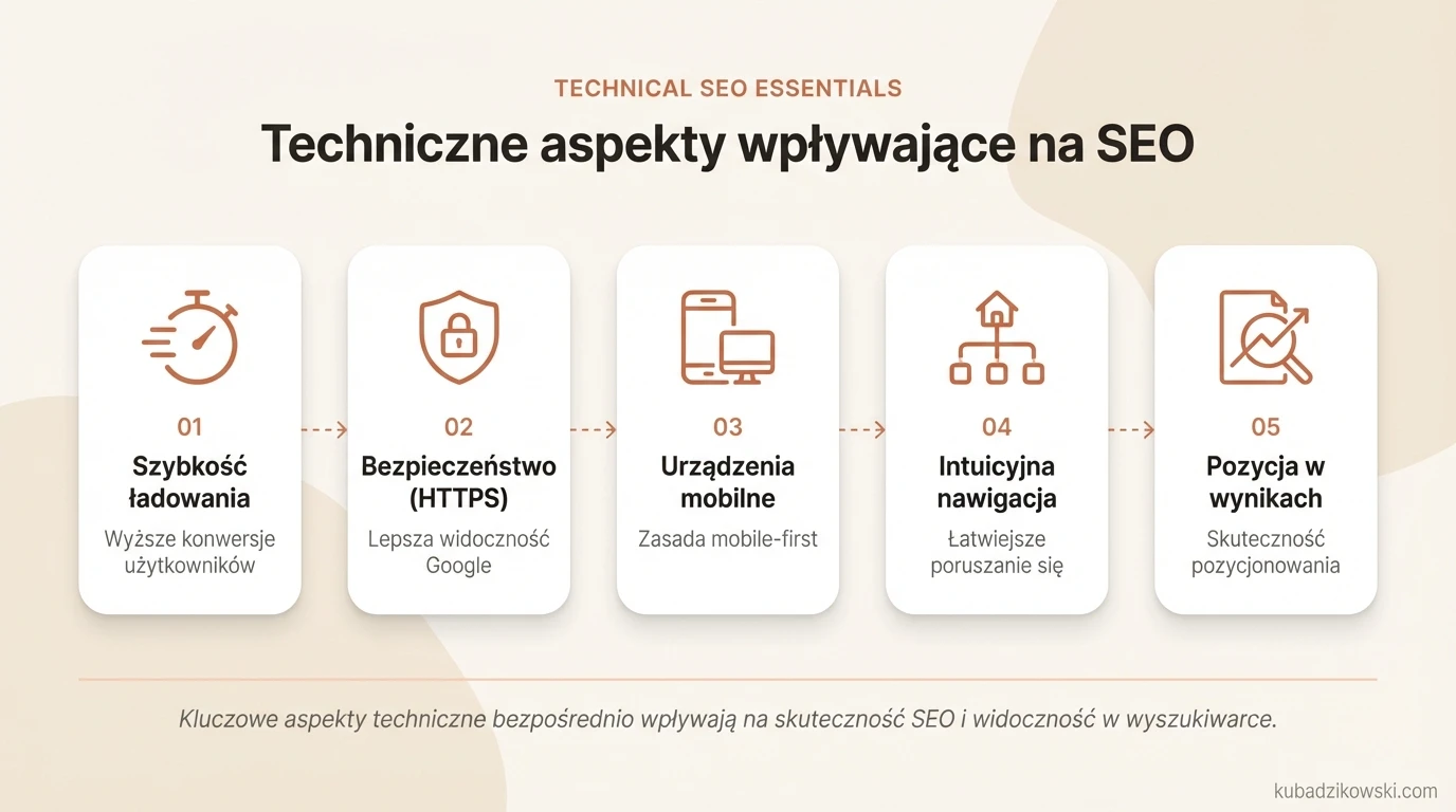 Infografika: Techniczne czynniki SEO – szybkość ładowania, bezpieczeństwo, mobile-friendly, nawigacja.