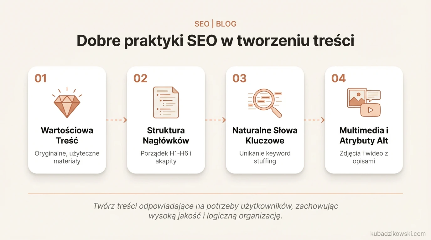 Infografika: 5 kluczowych praktyk SEO dla tworzenia treści, aby zwiększyć widoczność strony i jakość materiałów.