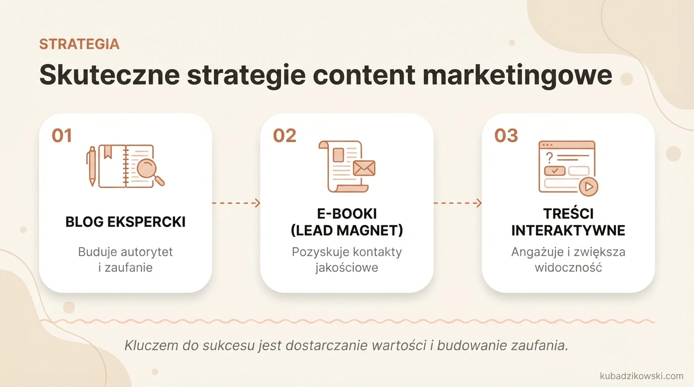 Infografika: skuteczne strategie content marketingowe, w tym prowadzenie bloga i tworzenie wartościowych treści.