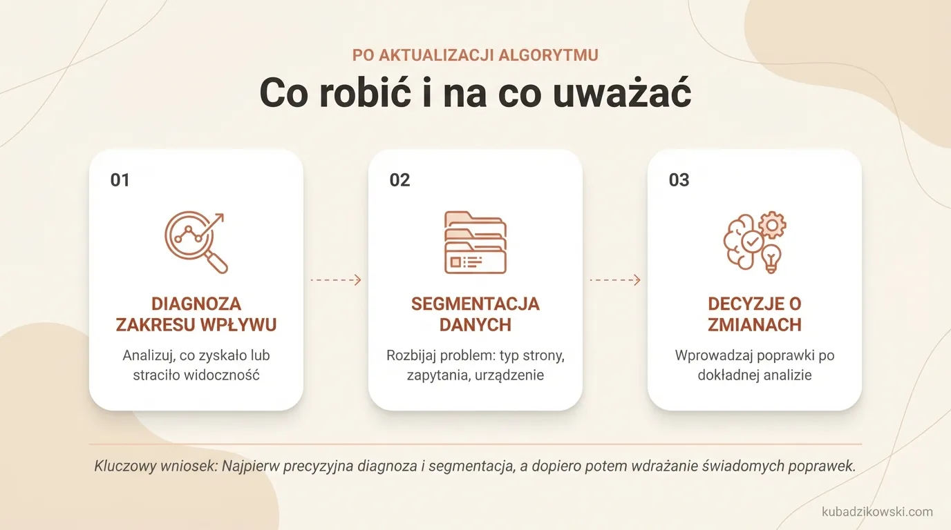 Infografika: analiza zmian widoczności po aktualizacji algorytmu. Rozbicie problemu wg katalogu, typu strony, zapytań, urządzenia, kraju.