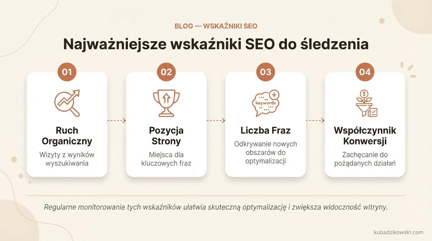 Infografika: kluczowe wskaźniki SEO, m.in. ruch organiczny, dla oceny i optymalizacji działań.