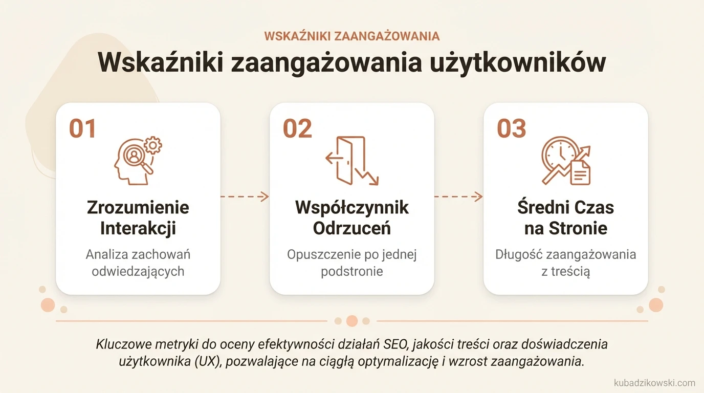 Wizualizacja najważniejszych wskaźników zaangażowania użytkowników strony, kluczowych do oceny SEO i jakości treści.