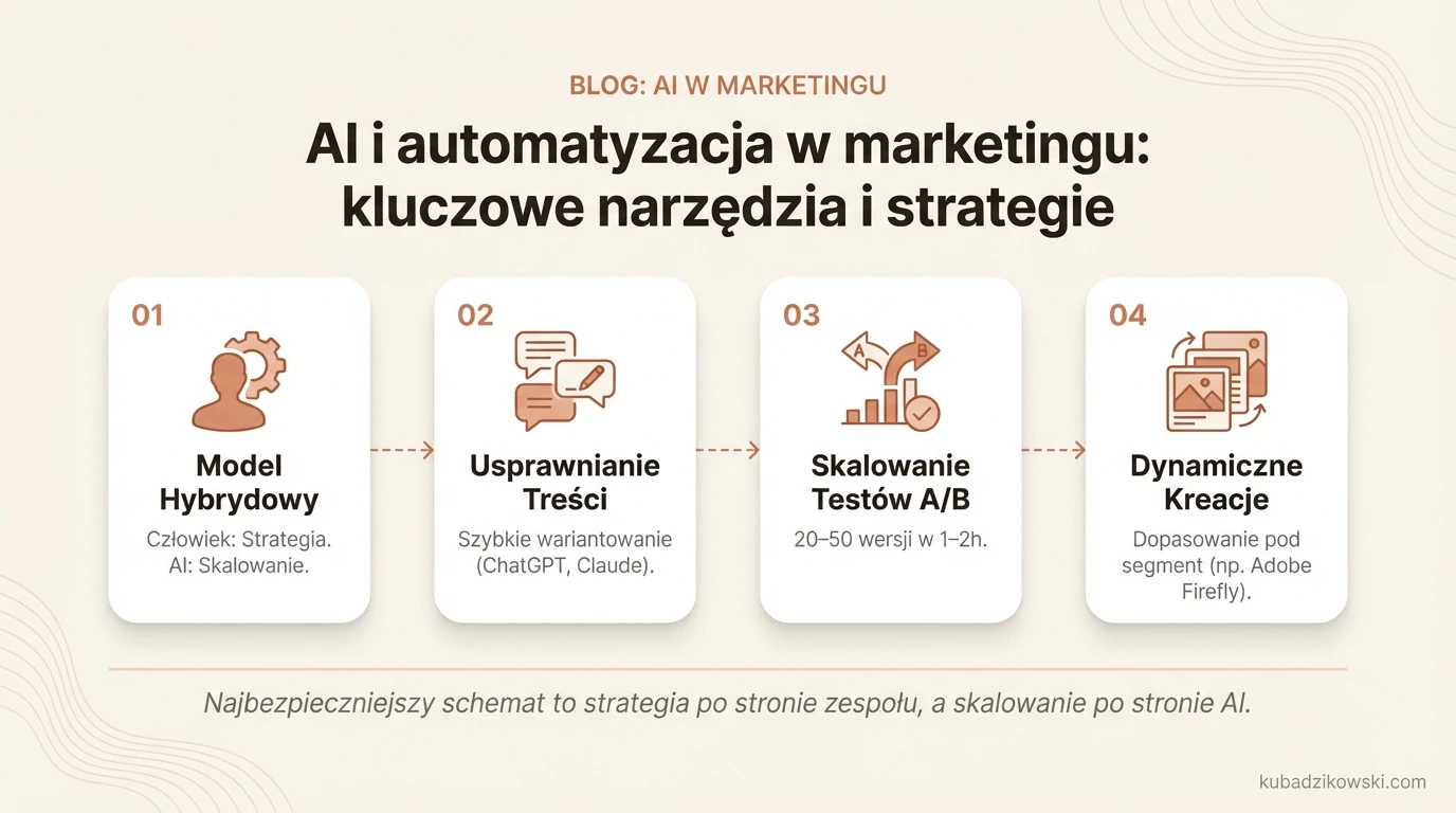 AI i automatyzacja w marketingu: przyspieszenie tworzenia i adaptacji treści. Model hybrydowy: człowiek + narzędzia (ChatGPT, Claude).
