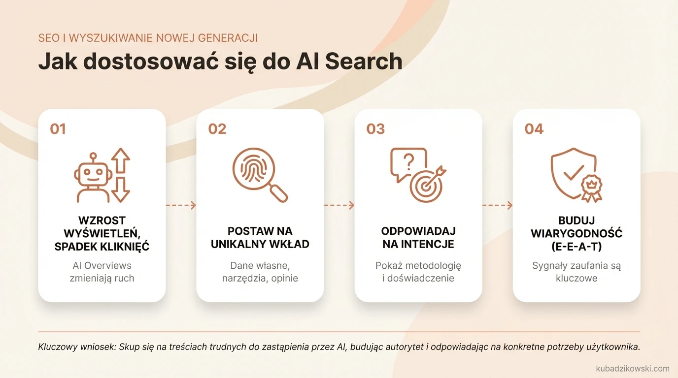 Infografika strategii SEO dla AI Search: unikalne treści i wpływ AI Overviews na wyświetlenia vs. kliknięcia.
