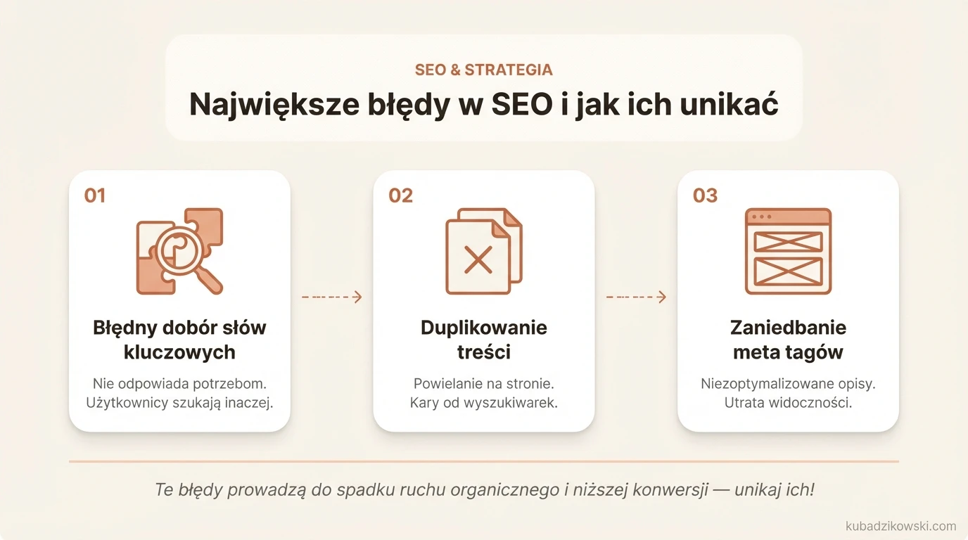 Infografika: Ilustracja 7 najczęstszych błędów SEO i wskazówek, jak ich unikać dla lepszej widoczności online.