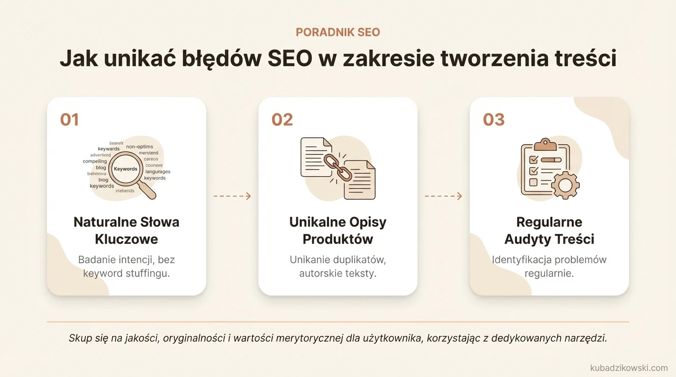 Infografika przedstawia wskazówki dotyczące unikania błędów SEO w tworzeniu treści, m.in. naturalne użycie słów kluczowych.
