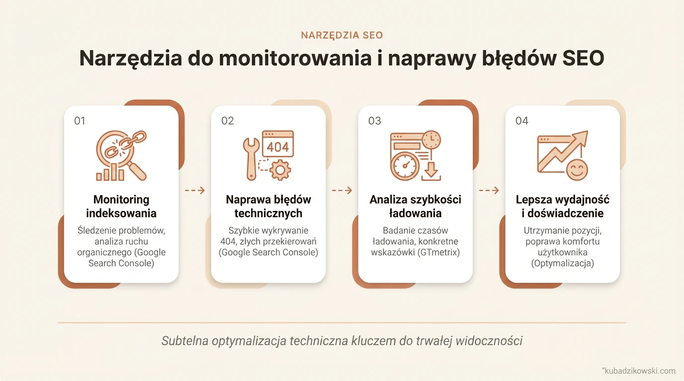 Infografika „Narzędzia SEO: monitorowanie i naprawa błędów”, m.in. Google Search Console.