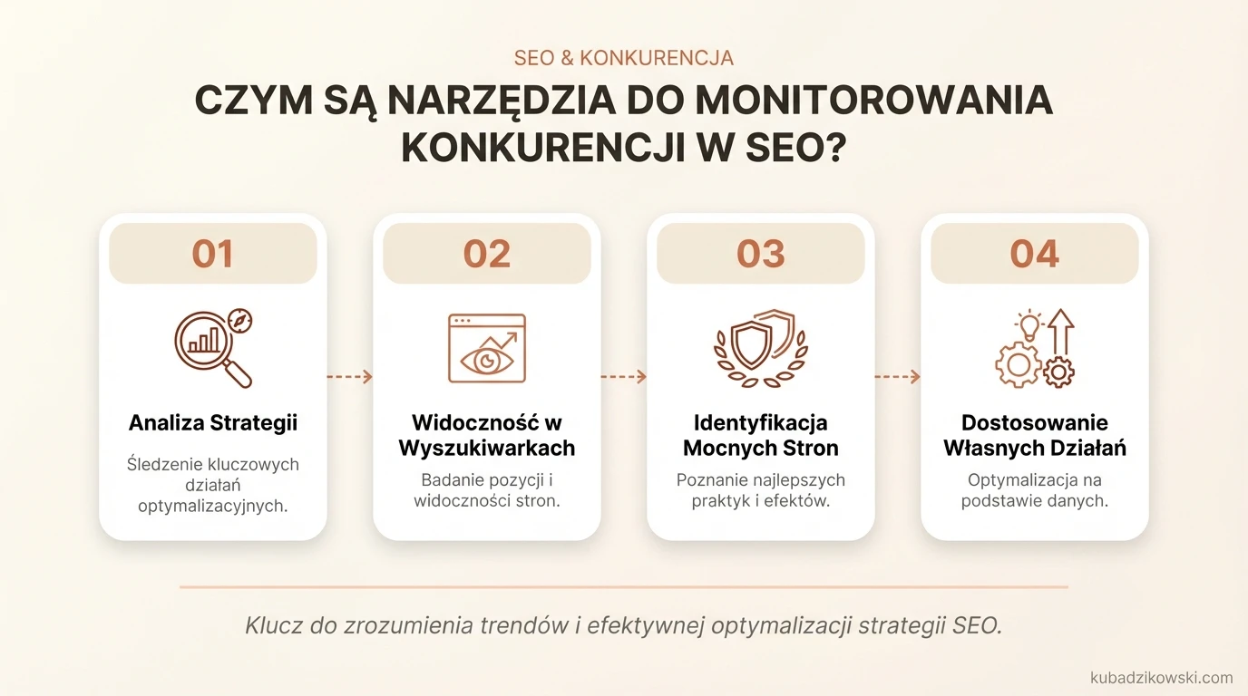 Infografika: Narzędzia do monitorowania SEO konkurencji, ich funkcje i korzyści w analizie strategii widoczności.
