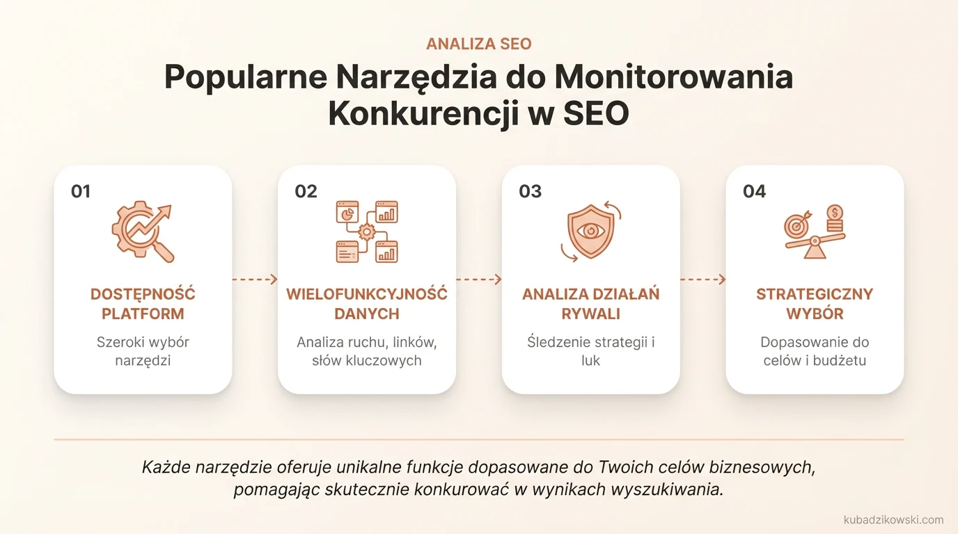 Infografika: Narzędzia do monitorowania konkurencji SEO (Ahrefs, Semrush, SimilarWeb, Majestic, Senuto, SEMSTORM).