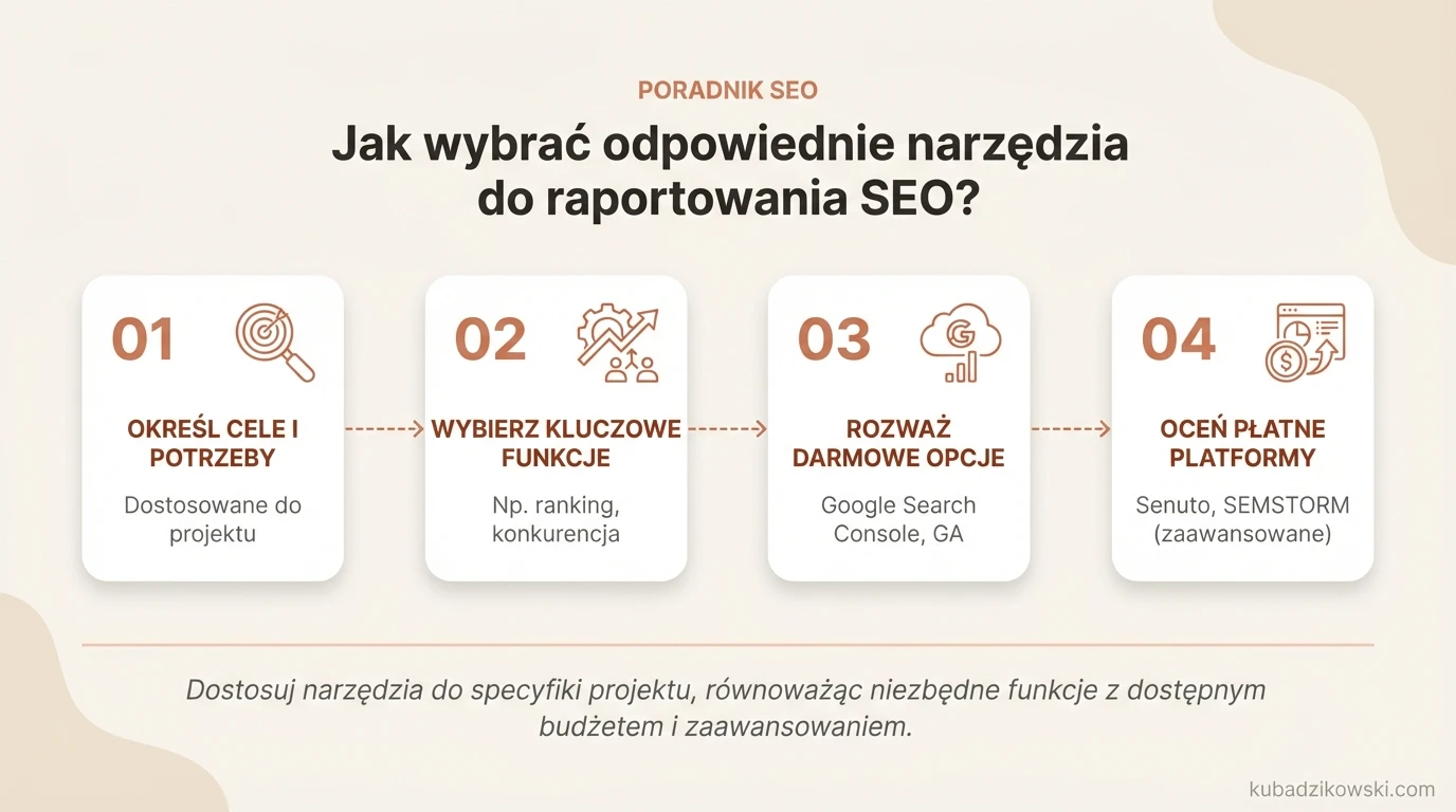 Infografika: Wybór narzędzi raportowania SEO - cechy, potrzeby.