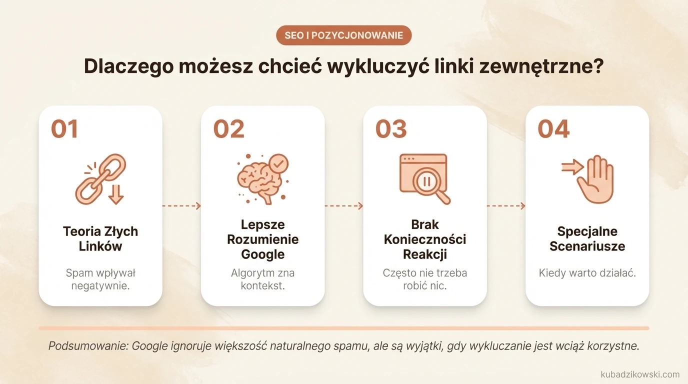 Infografika: Wpływ dobrych i złych linków zewnętrznych na SEO oraz powody ich wykluczania.