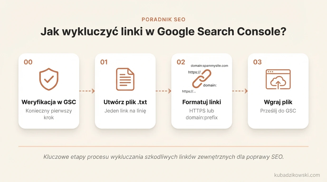 Infografika: Poradnik krok po kroku jak wykluczyć linki zewnętrzne w Google Search Console, zbierając je w pliku TXT.