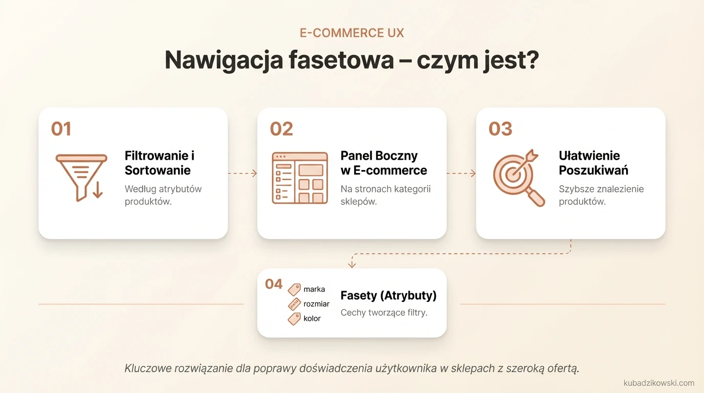 Infografika wizualizuje nawigację fasetową: filtrowanie i sortowanie oferty wg atrybutów, często w panelu bocznym.
