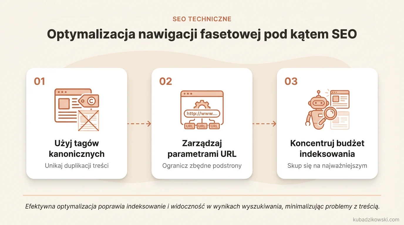 Infografika: Wskazówki SEO dla nawigacji fasetowej, m.in. użycie tagów kanonicznych.