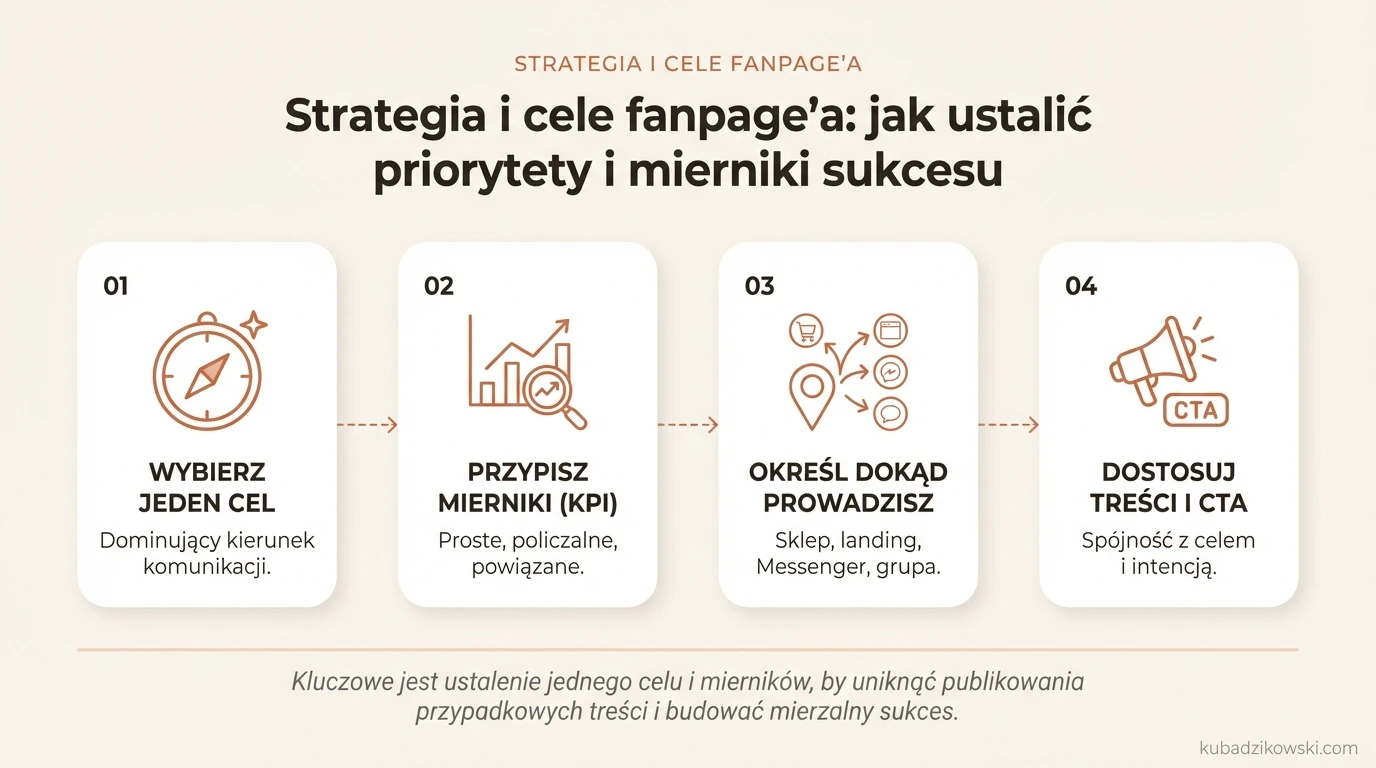 Wybór głównego celu fanpage’a (sprzedaż, zasięg, obsługa, rekrutacja) i przyporządkowanie mu KPI.