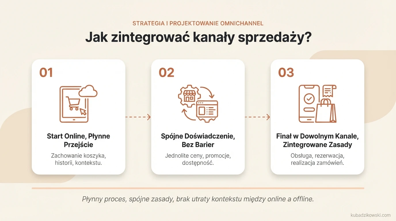 Wizualizacja integracji kanałów sprzedaży online i offline w strategii omnichannel, dla płynnej ścieżki klienta.