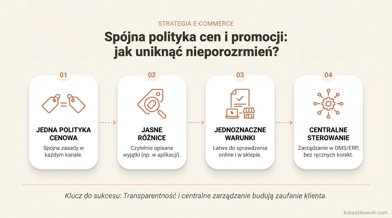 Infografika o spójnej polityce cen i promocji w różnych kanałach sprzedaży, by uniknąć nieporozumień klienta.