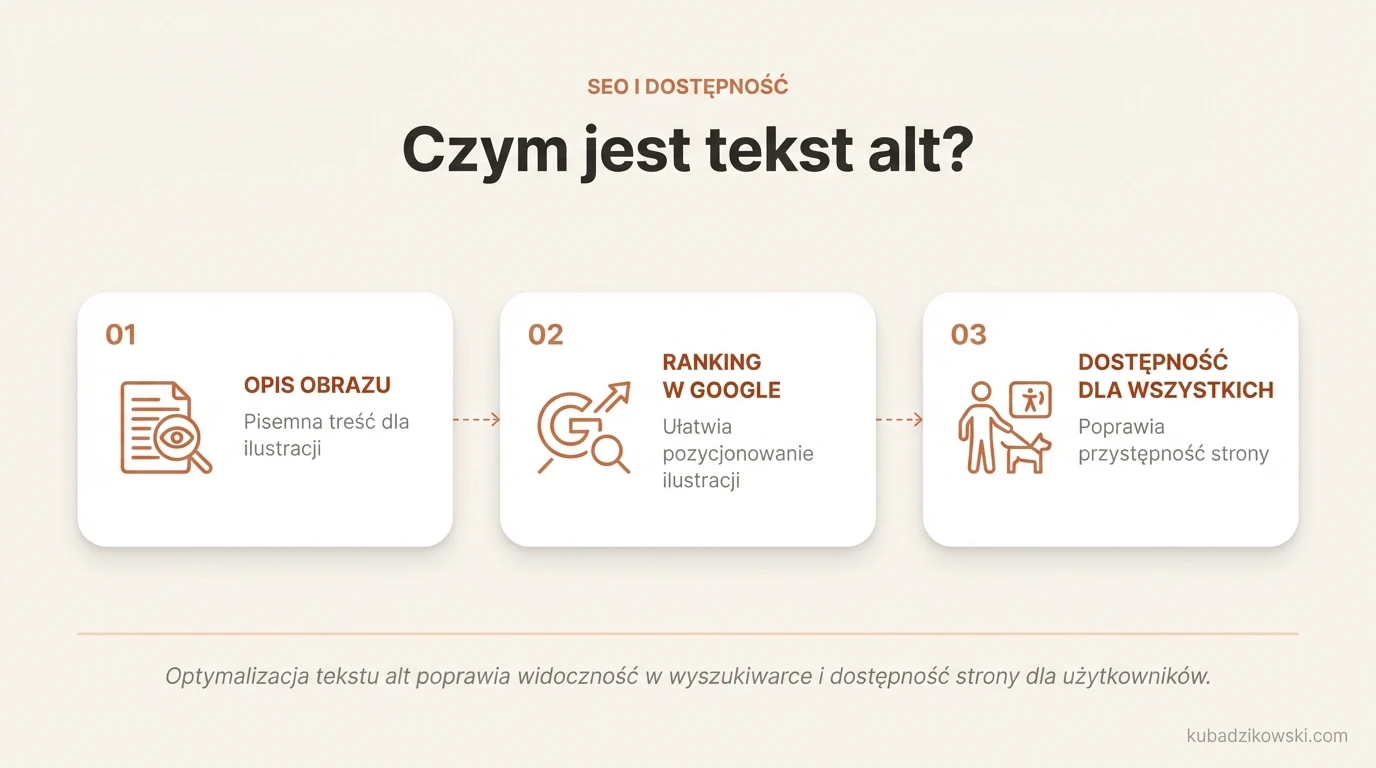 Wizualne wyjaśnienie tekstu alt: definicja, nazewnictwo (tagi/atrybuty) i wpływ na SEO oraz ranking Google Images.