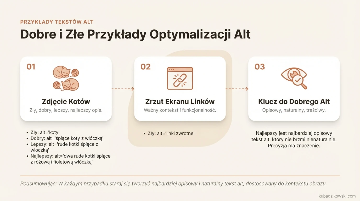 Infografika: przykłady tekstów alt dla zdjęć kotów, zrzutu ekranu i frytkownicy. Pokazuje opcje złe, dobre, lepsze, najlepsze.