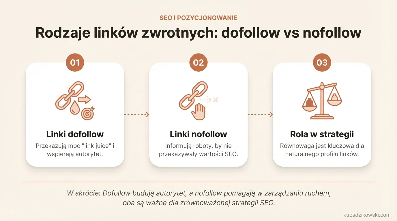 Infografika: Porównanie linków dofollow i nofollow w SEO, przedstawia ich wpływ na przekazywanie wartości strony.