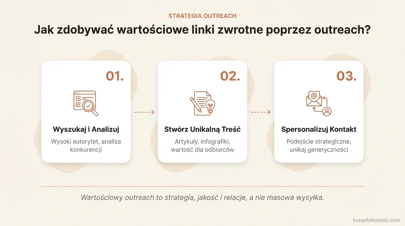 Infografika: Plan zdobywania wartościowych linków zwrotnych przez outreach, z wyszukiwaniem stron i analizą autorytetu.