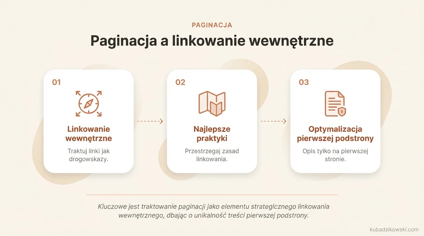 Infografika wyjaśnia, jak paginacja wykorzystuje linki wewnętrzne jako drogowskazy do innych treści na stronie.