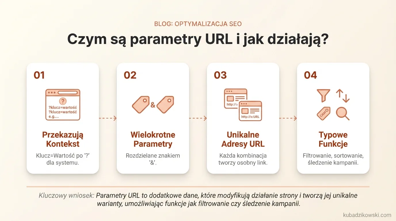 Infografika wyjaśniająca parametry URL: struktura (klucz=wartość), miejsce za '?' i ich rola w przekazywaniu kontekstu.