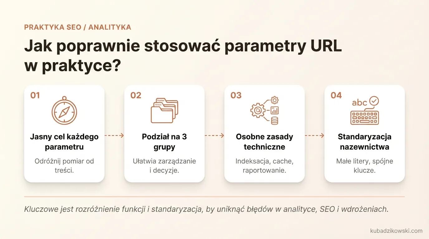 Grafika o poprawnym stosowaniu parametrów URL: jeden parametr = jeden cel, rozróżnianie parametrów pomiarowych od tych zmieniających widok.