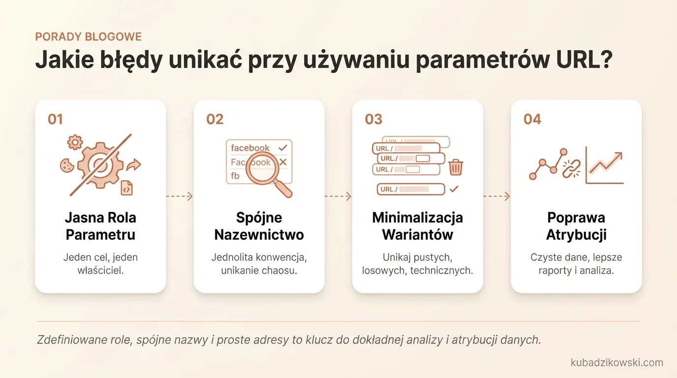 Infografika: Błędy w parametrach URL. Mieszanie ról i brak spójności utrudniają analizę i debugowanie.