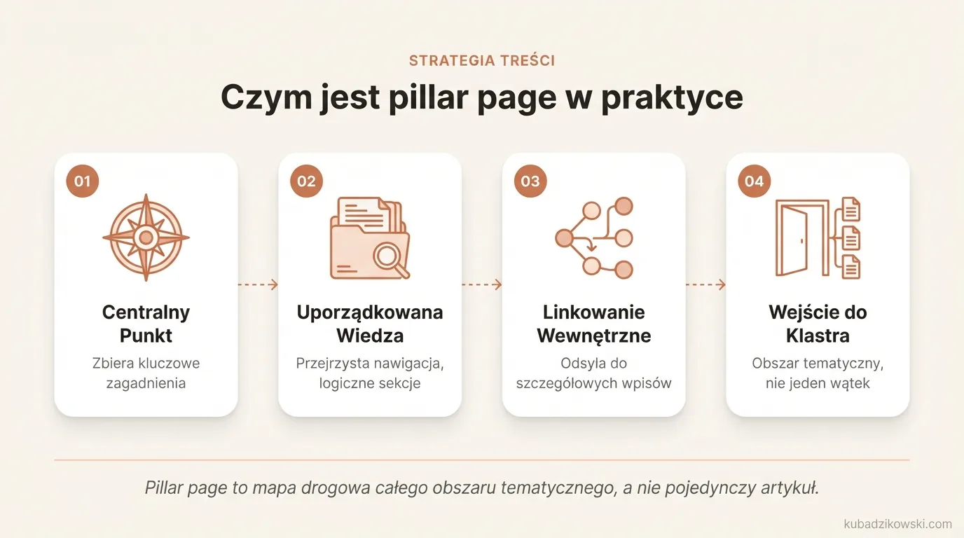 Struktura pillar page: centralna strona z odnośnikami do szczegółowych tematów.