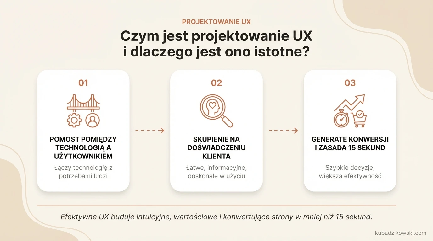 Infografika wyjaśniająca UX design jako pomost między technologią a użytkownikiem, skupiająca się na doświadczeniach klienta.